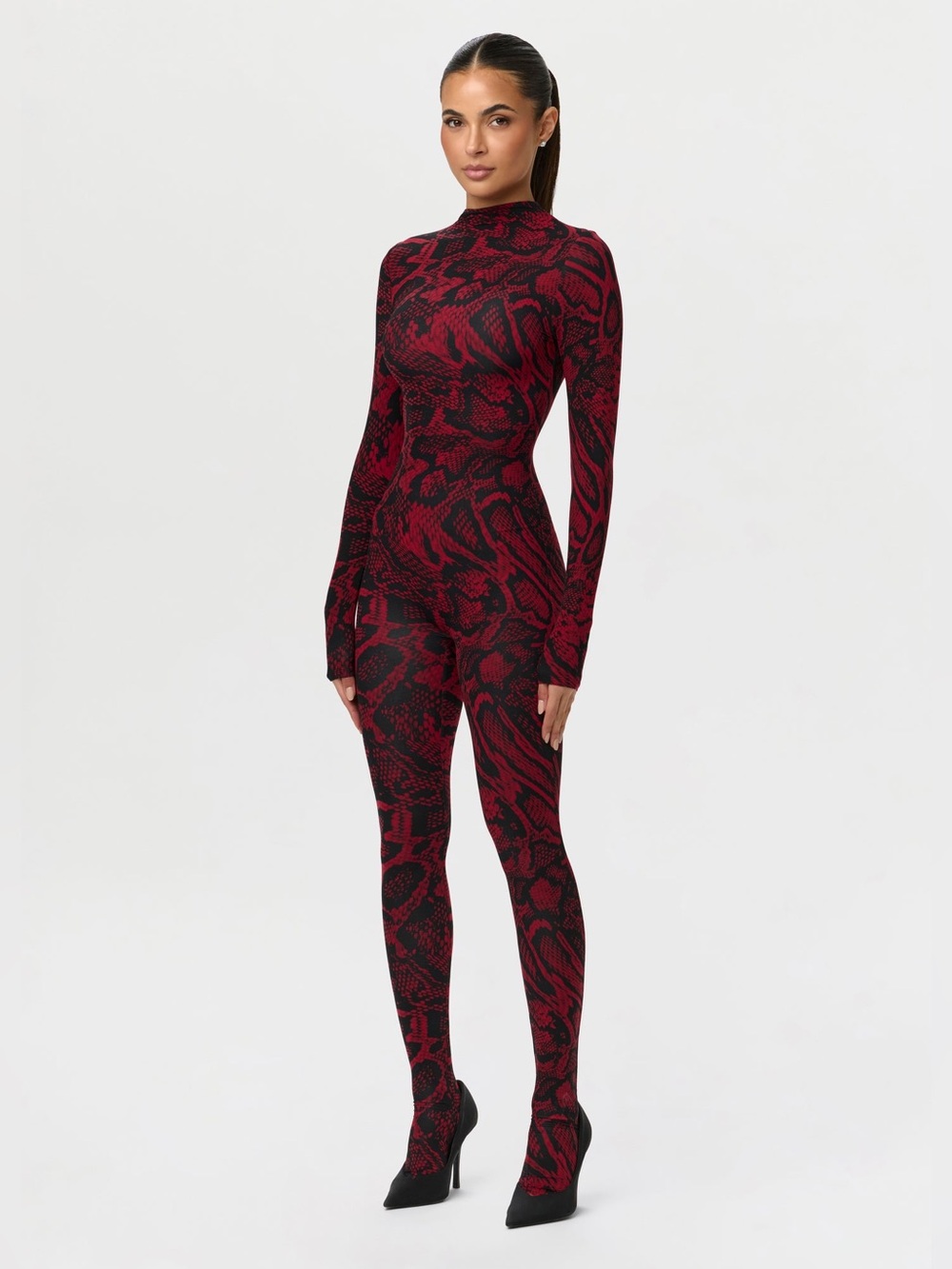 Naked Wardrobe Red Black Snake Print Mock Neck Closed Toe Jumpsuit Size XS